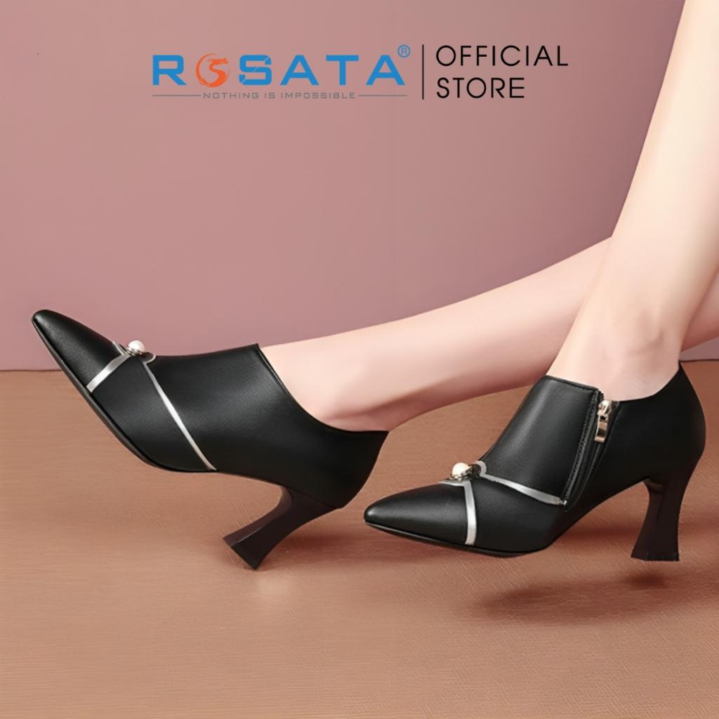 Giày bốt nữ ROSATA RO297 cổ thấp mũi nhọn đính hạt khóa kéo gót cao 7cm xuất xứ Việt Nam - Kem