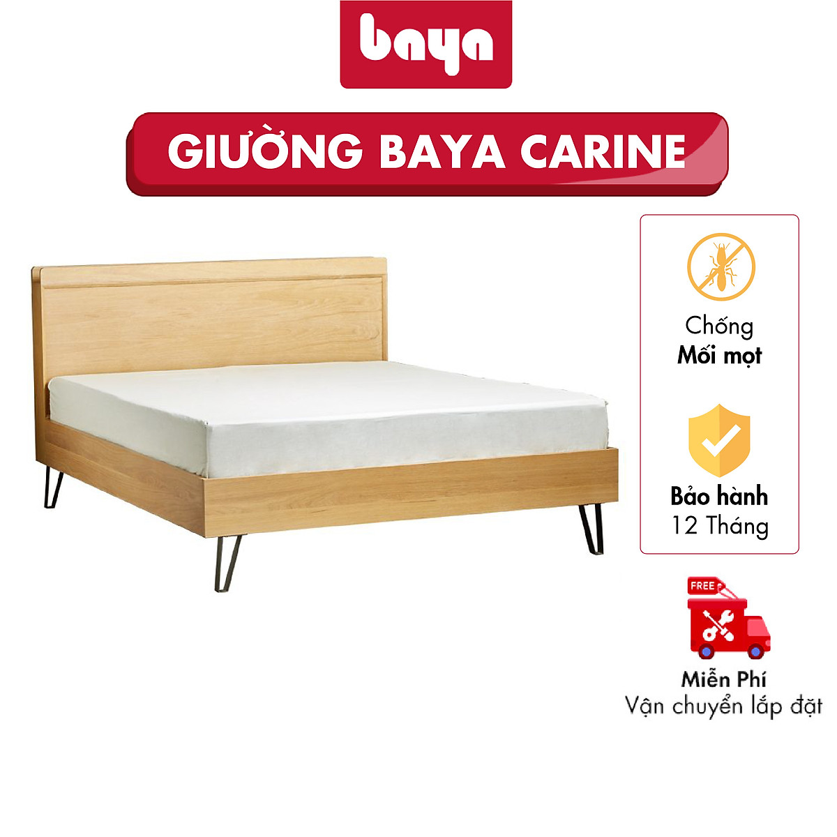 Giường Ngủ Đôi Phong Cách Bắc Âu BAYA CARINE Được Làm Từ Chất Liệu Veneer Sồi, MDF Và Chân Giường Bằng Kim Loại Chắc Chắn