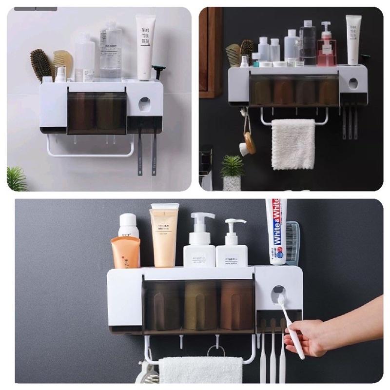 Bộ Nhả Kem Đánh Răng Kèm Kệ Để Đồ Nhà Tắm Thông Minh 3 cốc