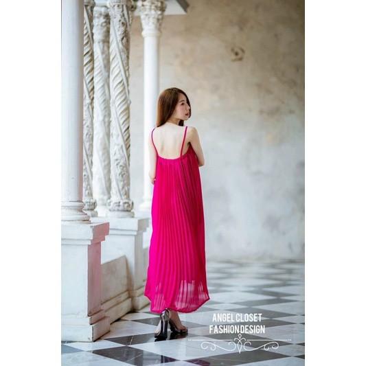 Đầm maxi dập ly hai dây cổ vuông siêu đẹp hình thật