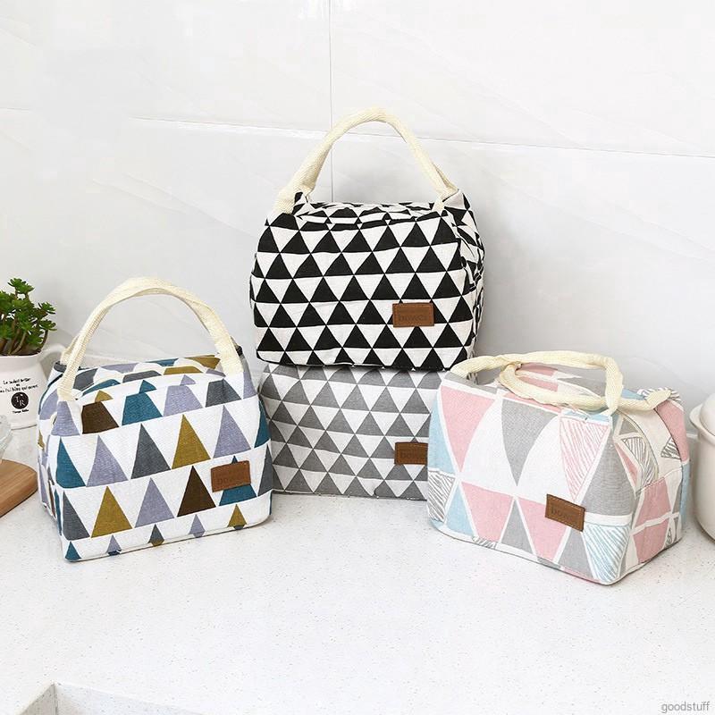 Túi đựng hộp đồ ăn xách tay mang đi picnic in họa tiết cá tính bằng cotton lanh