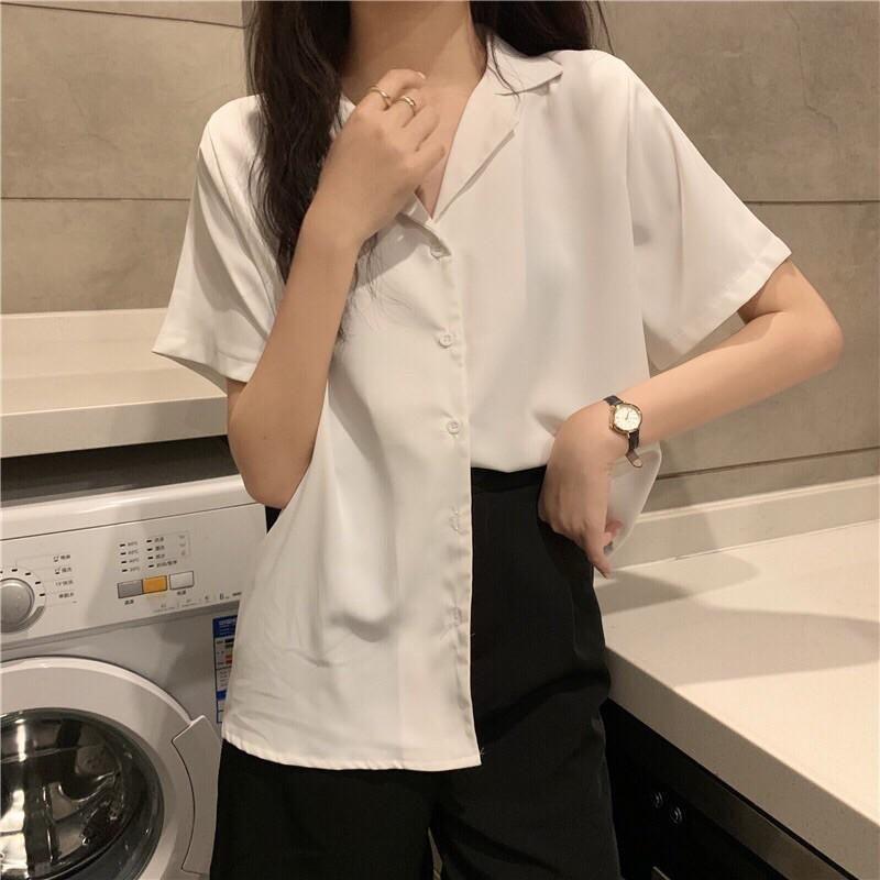 Áo Sơ Mi Tay Ngắn Cổ Vest Trơn Nam Nữ Unisex