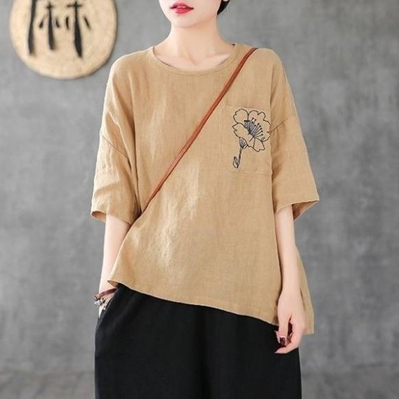Áo kiểu nữ cổ tròn ngắn tay form rộng, chất đũi mềm mát, dễ chịu khi mặc Haint Boutique Ale41