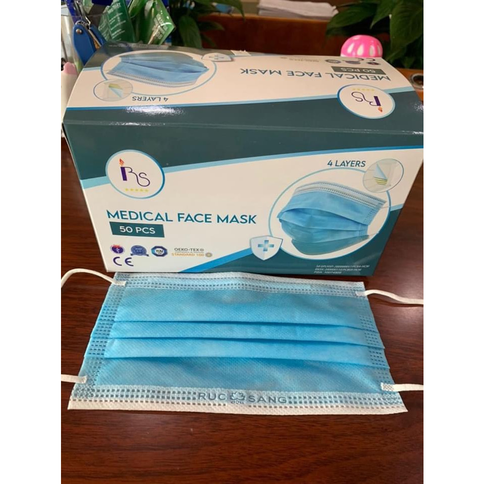 Khẩu trang y tế 4 lớp cao cấp giấy kháng khuẩn hộp 50 cái, hàng công ty Rực Sáng, tiêu chuẩn xuất khẩu