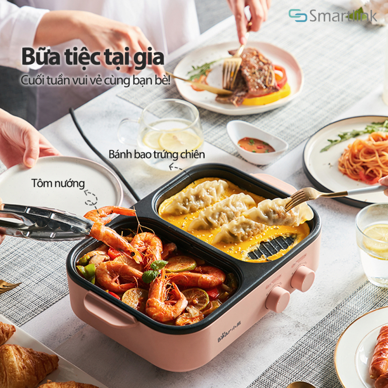 Bếp Lẩu Nướng Điện 2 Ngăn Đa Năng Mini 2 trong 1 Bear DKL-C12D1- Hàng Chính Hãng