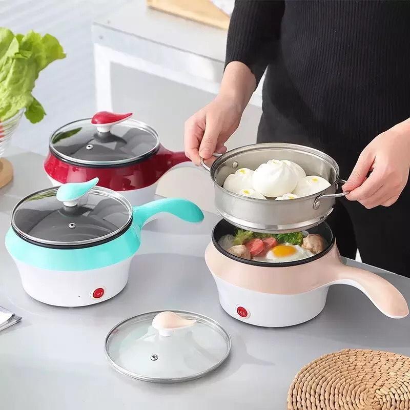 Ca nấu mì, nấu cơm đa năng tiện dụng có tay cầm 1,8L, Nồi lẩu điện Mini kèm giá hấp