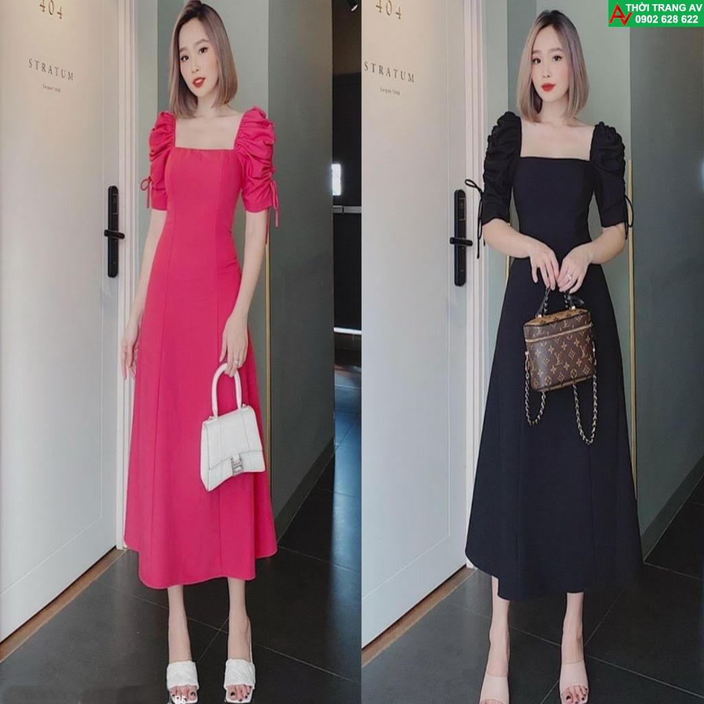 AV6444 - Đầm xòe cổ vuông tay lỡ rút dây