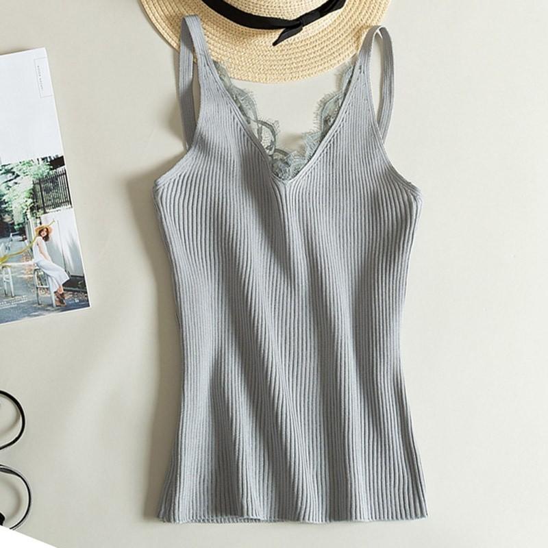 Áo Tank Top Phối Ren Hoa Thiết Kế Cổ Chữ V Quyến Rũ