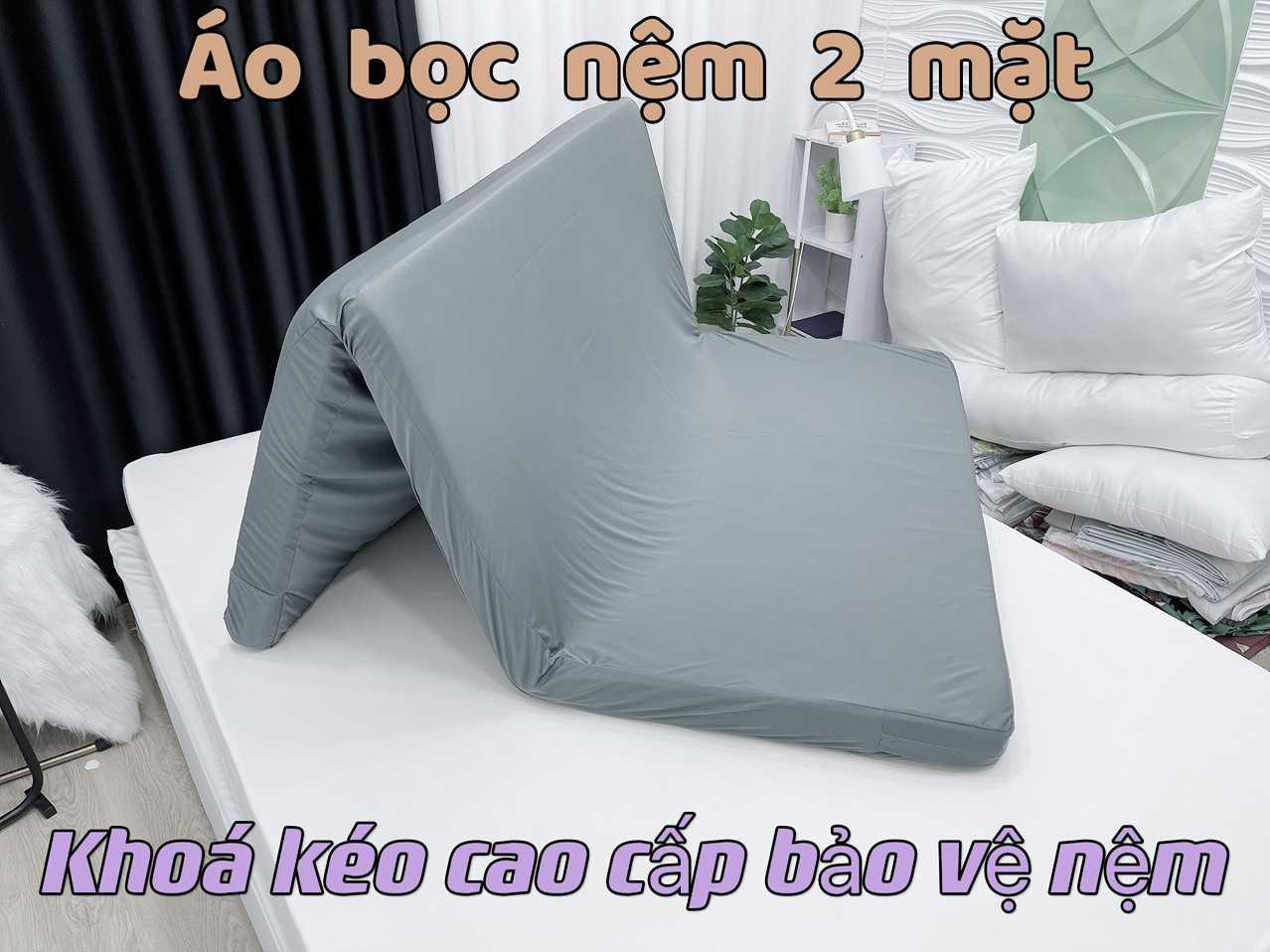Áo bọc nệm 2 mặt khoá kéo Thun Lạnh HQ đủ kích cỡ màu xám đậm