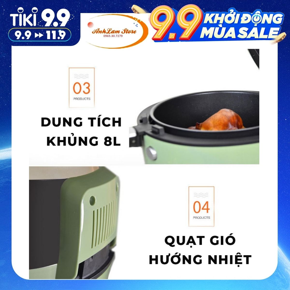 NỒI CHIÊN KHÔNG DẦU NINE SHIELD KB-6001 LOẠI CƠ 8LÍT THẾ HỆ MỚI NHẤT 2021 [HÀNG CHÍNH HÃNG] - ANHLAM STORE