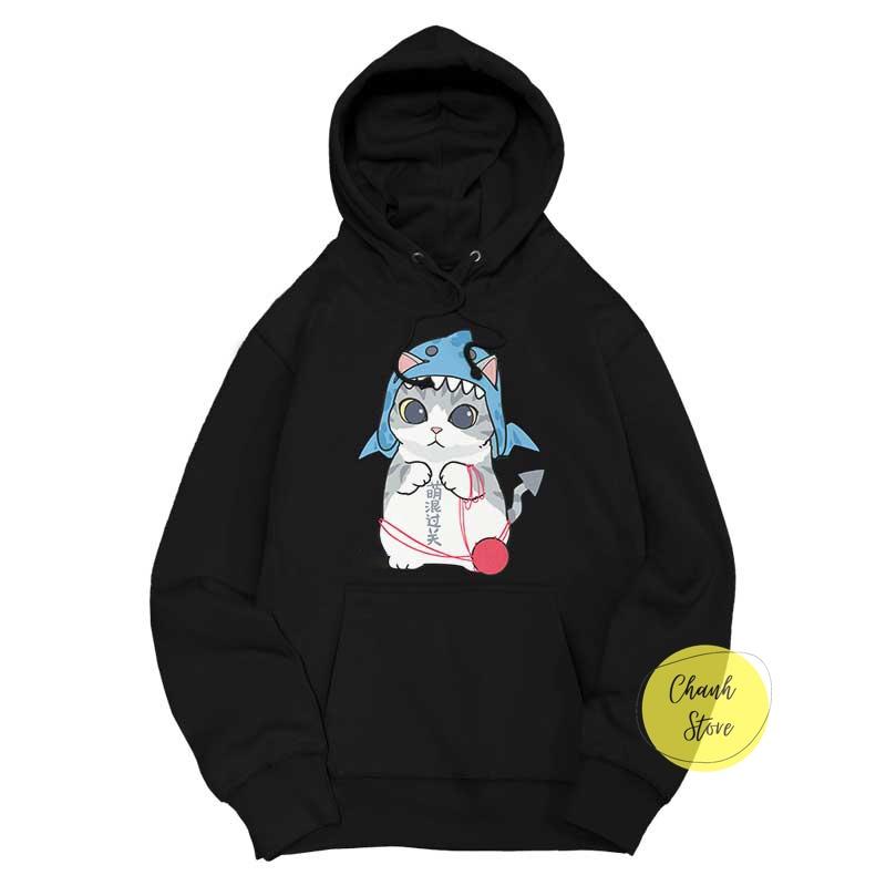 Áo Hoodie Unisex Dáng Rộng Mèo Cá Mập