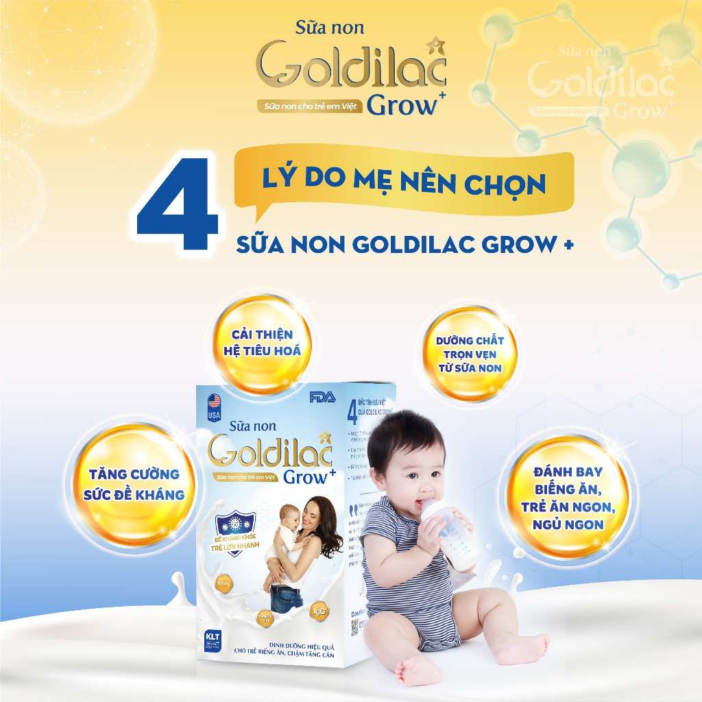 Sữa non Goldilac Grow+ - Sữa dinh dưỡng cho bé từ 0-10 tuổi, hỗ trợ cải thiện còi xương, biếng ăn, tăng cân cho bé giúp bé phát triển toàn diện