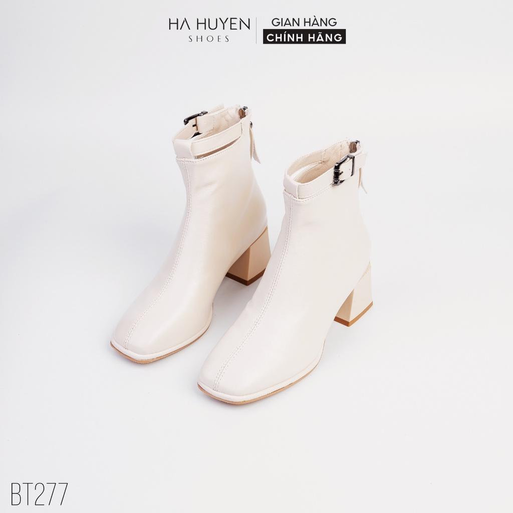 Giày boot nữ Hà Huyền Shoes bốt da mũi tròn cổ đai kim loại gót vuông 5 phân - BT277