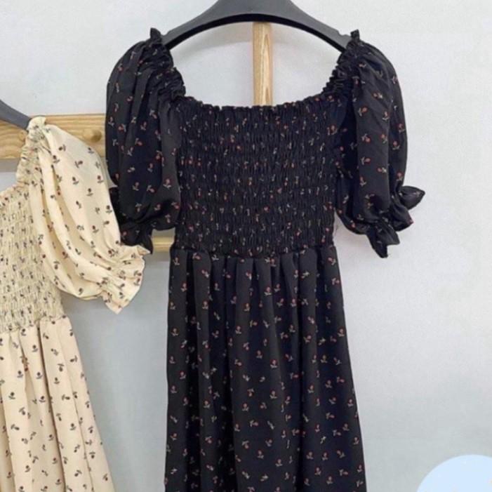 Váy hoa nhí xòe cổ vuông trễ vai ngắn tay chun ngực ulzzang