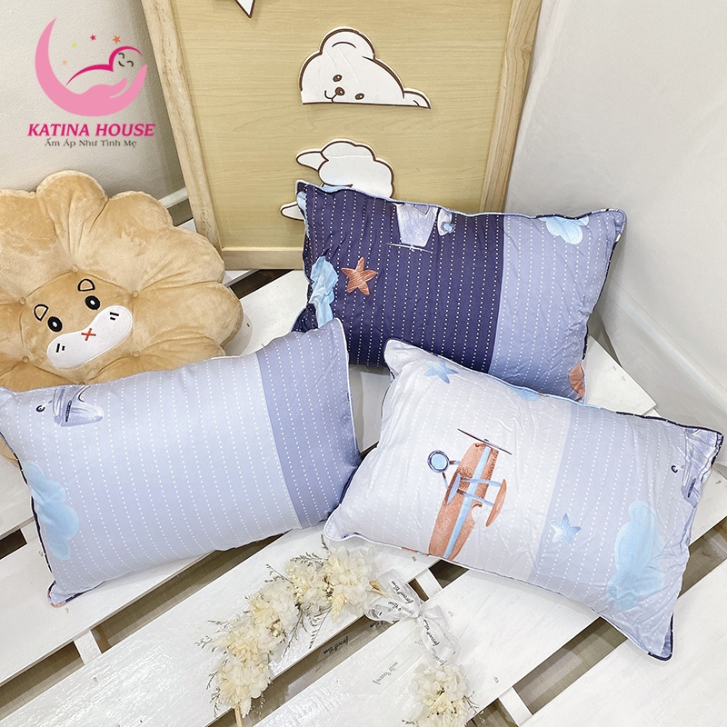 Gối cho bé sơ sinh 0 -10 tuổi vải Tencel gòn lông vũ nhân tạo, siêu mềm mát, êm, hoạt tiết dễ thương
