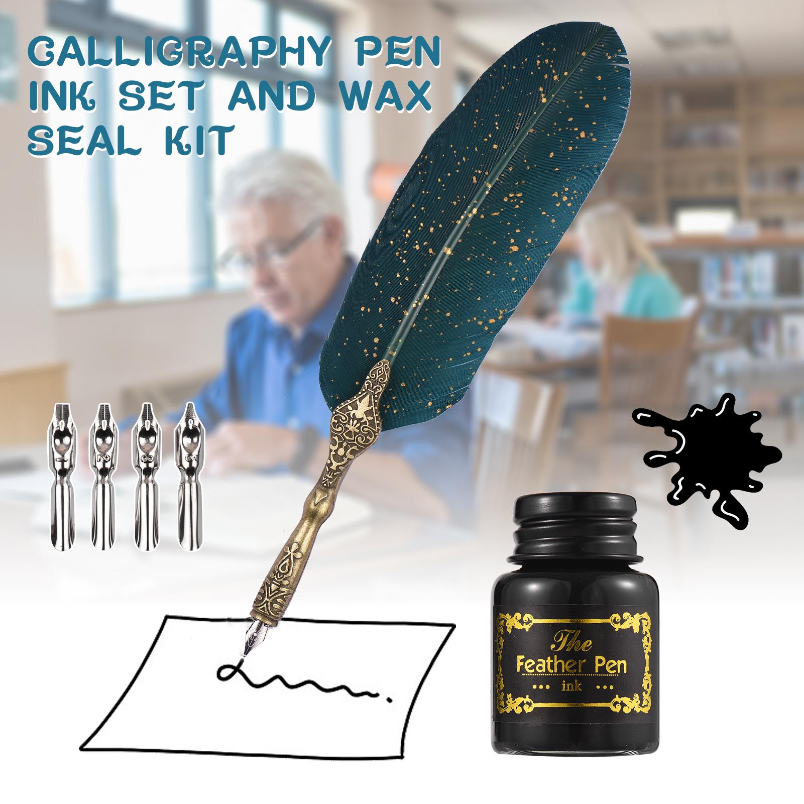 Calligraphy Pen Ink Set and Wax Seal Kit Quill Pen and Ink Set Feather Pen Antique Calligraphy Dip Pen with 10 Replacement Nibs Vintage Gift Box