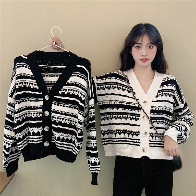 Áo Khoác Cardigan Dệt Kim Hoạ Tiết Kẻ Sọc Thiết Kế Cổ Chữ V Nữ Tính
