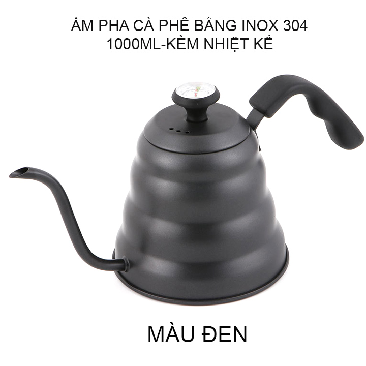 Bình pha cà phê cổ ngỗng loại 1000ml nắp có nhiệt kế, bằng Inox 304 cao cấp