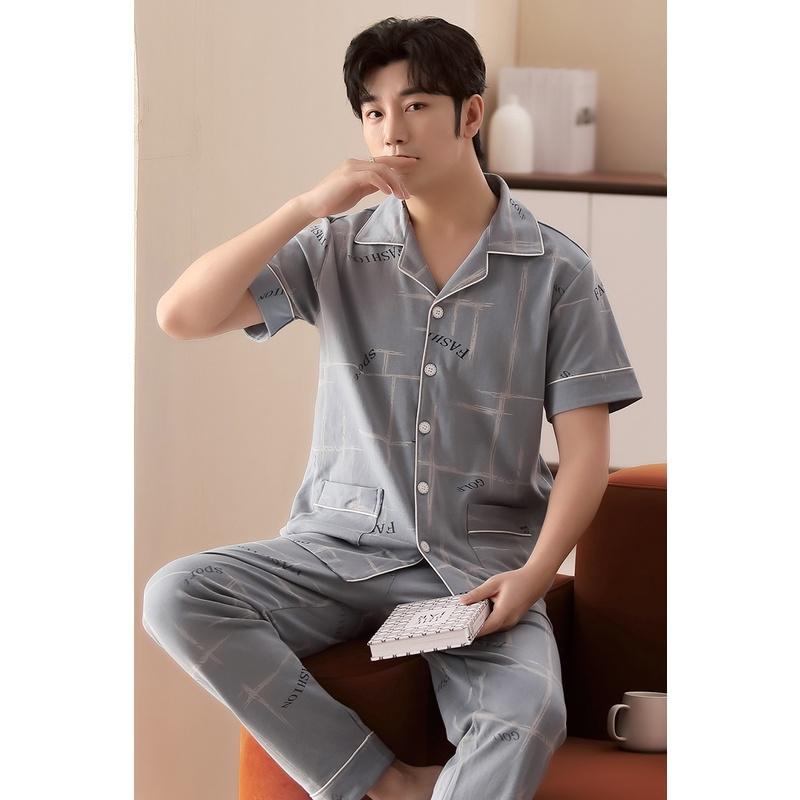 2302-Bộ Pijama nam cộc tay cotton 100% mềm, thoáng mát, size L-3XL
