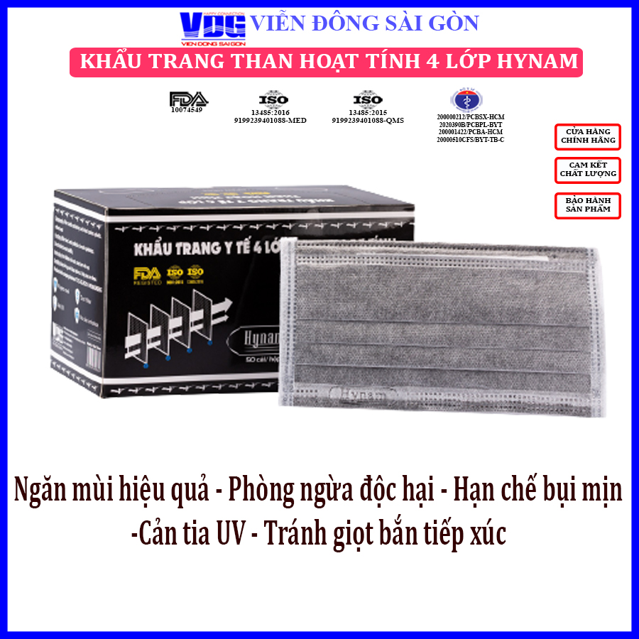 Khẩu trang y tế 4 lớp Hynam than hoạt tính (50 cái/ hộp)-Kháng khuẩn, chống bụi mịn, ngăn ngừa bệnh hô hấp