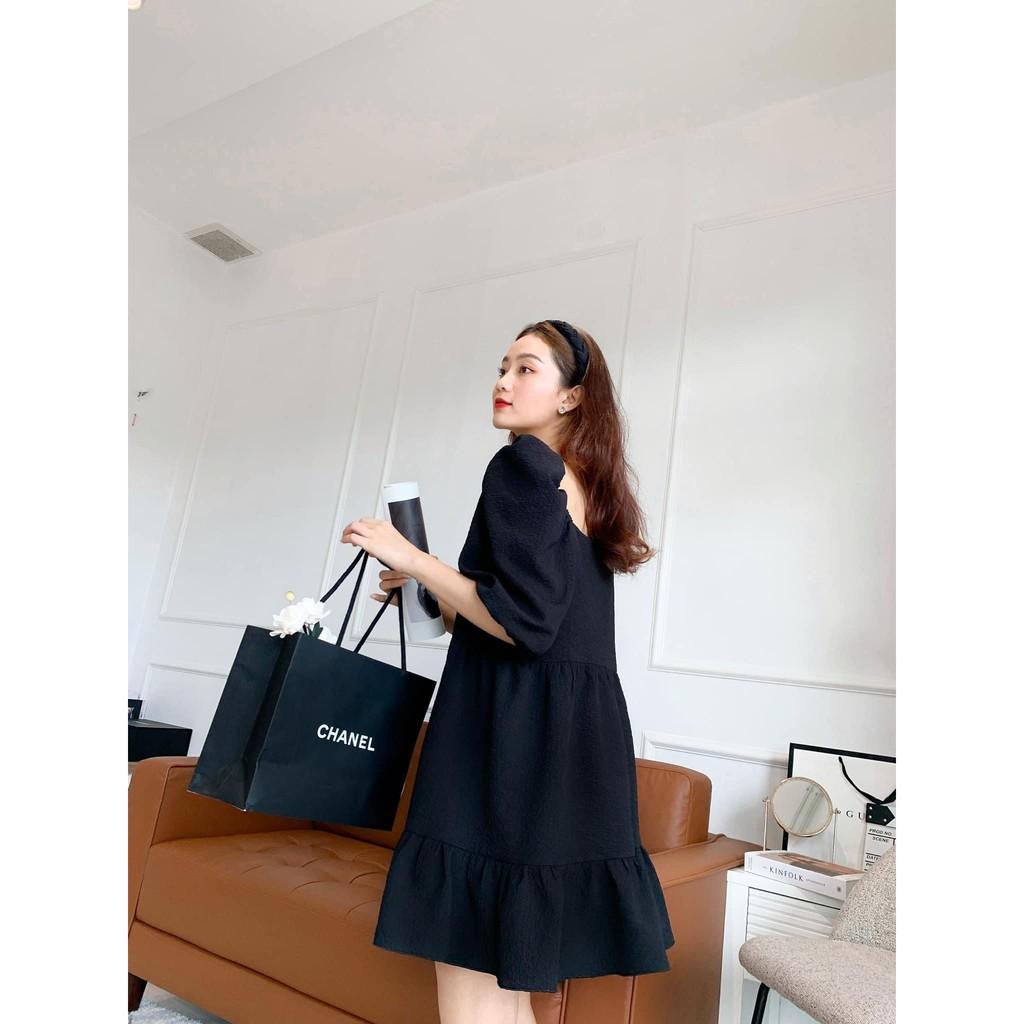 ĐẦM BABYDOLL XỐP IN HOA NỔI TRẮNG ĐEN CỔ VUÔNG TAY LỠ DÁNG XÒE TẦNG-hình thật cận vải