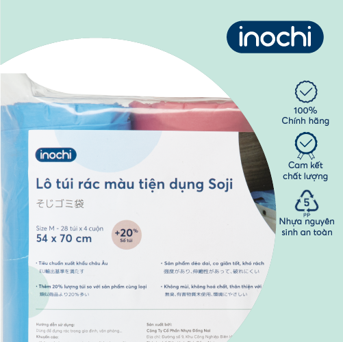 Lô túi rác màu tiện dụng Inochi - Soji 4 x 25L có quai cầm