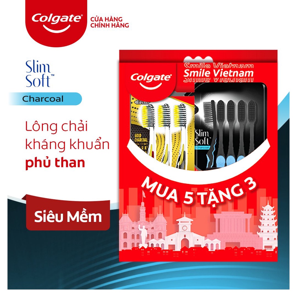 Bộ 5 Bàn chải đánh răng Colgate than hoạt tính kháng khuẩn SlimSoft Charcoal mềm mảnh tặng 3 Bàn chải