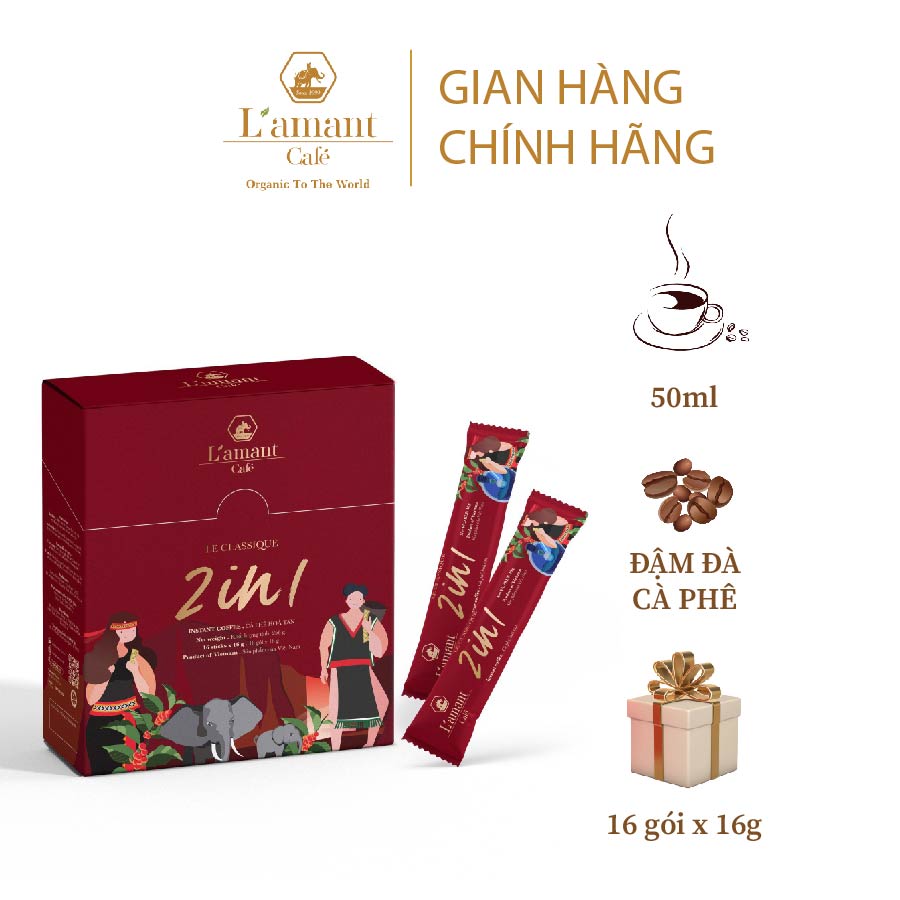 Cà phê hòa tan đen L'amant 2in1 vị đen đá thơm ngon đậm đà (Hộp 16 gói x 16gr)