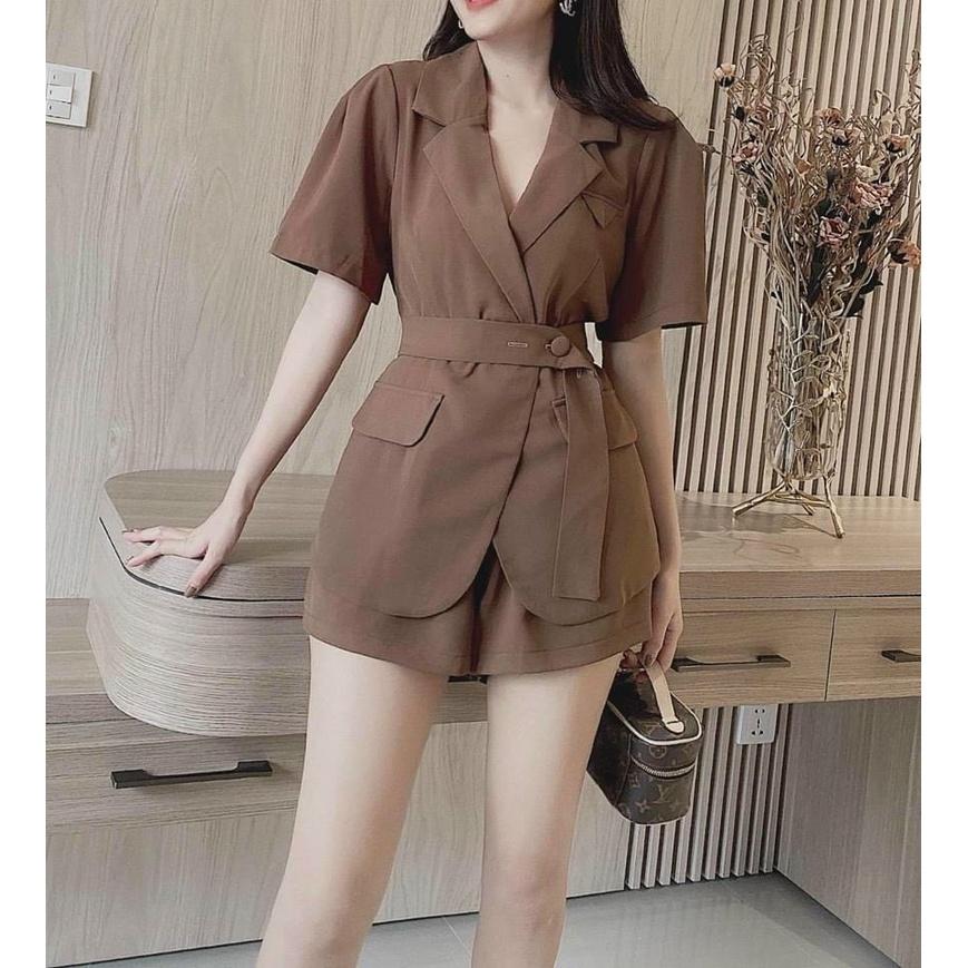 Sét bộ nữ áo kiểu vest tay ngắn eo thắt đai mix quần đùi from rộng sang trọng, xinh xắn cho nàng công sở