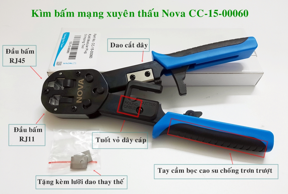 Kìm bấm mạng xuyên thấu Nova CC-15-00060 chính hãng, tặng kèm lưỡi dao thay thế