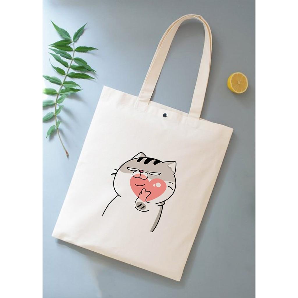 Túi Tote Vải Trắng Kiểu Basic Nút Bấm 33x38cm In Hình Mèo Mập Ami