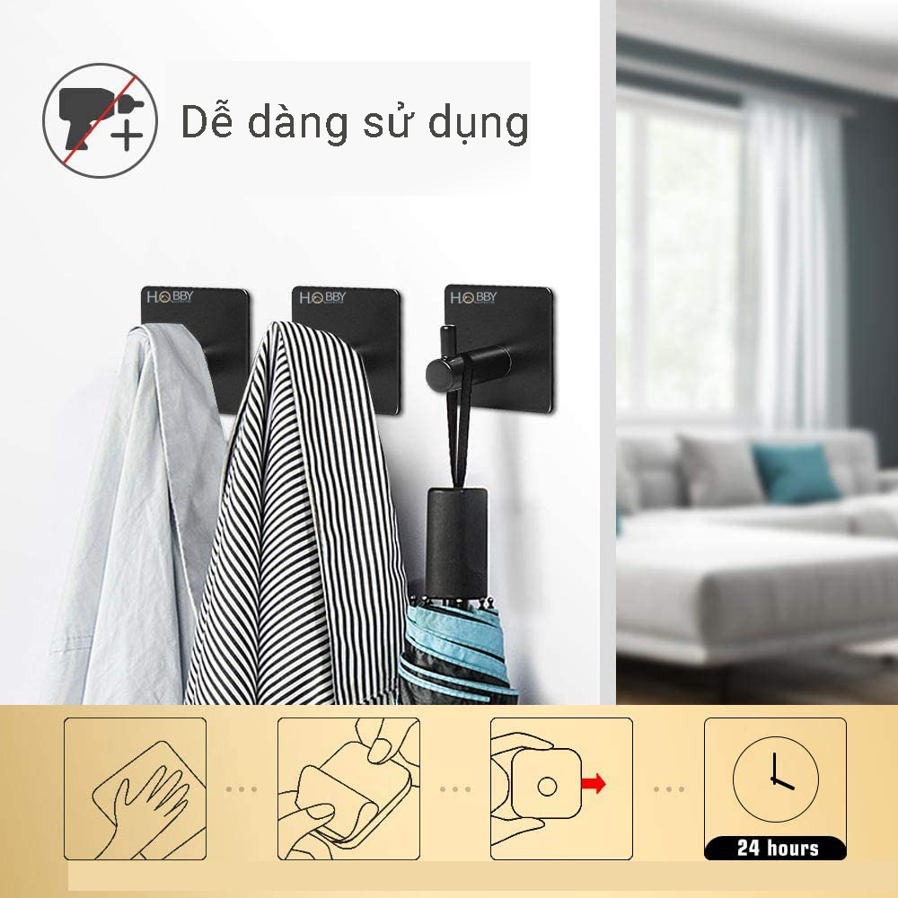 Combo 4 móc dán tường chịu lực màu đen inox 304 Hobby Home Decor TV160D-4 có keo dán dính không rỉ sét