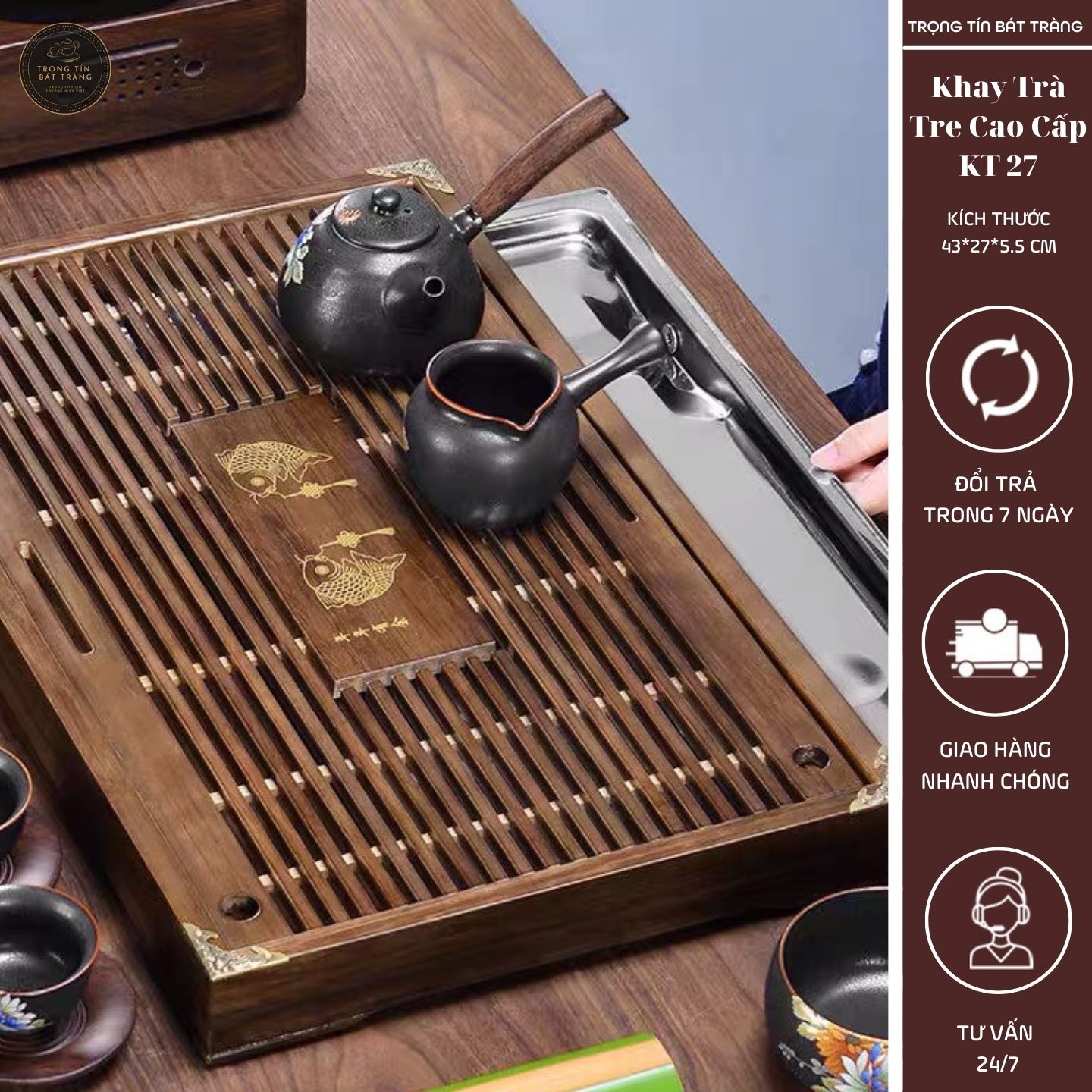 KT 27 Khay Trà Tre Cao Cấp Chữ Nhật Trung Kích Thước 43*27*5.5