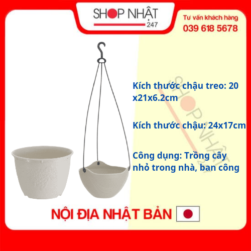 Combo Chậu hoa tròn màu trắng 24cm + Chậu hoa màu trắng có dây treo 20cm nội địa Nhật Bản