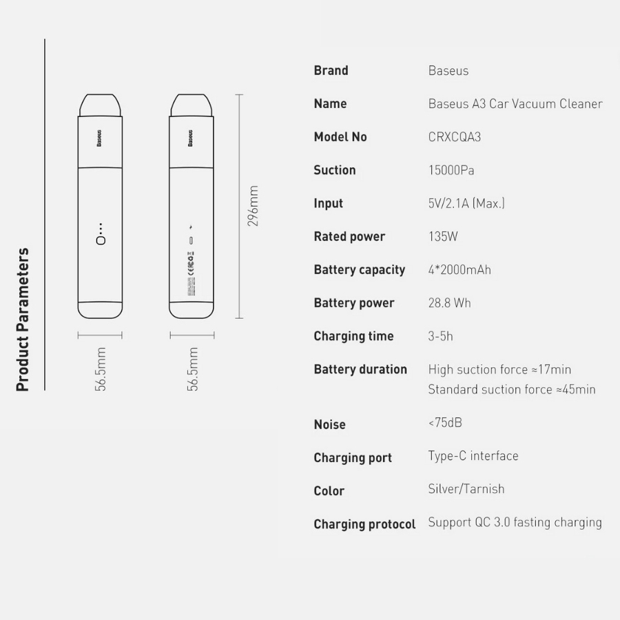 [Hàng Chính Hãng] Máy hút bụi pin sạc cầm tay Baseus A3 Car Vacuum Cleaner (15000pa, 135W, Vacuum Portable Cleaner) LVC002-15