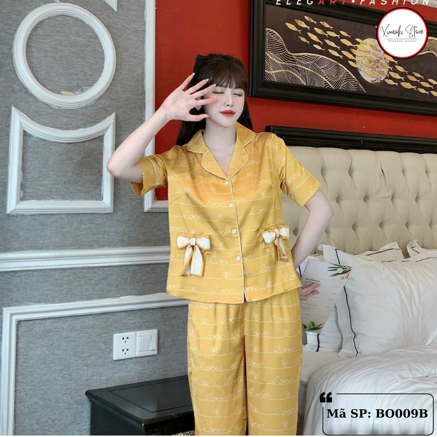 Bộ pijamas nữ áo cộc quần dài túi nơ xinh chất lụa cao cấp Xumaki Store BO009B