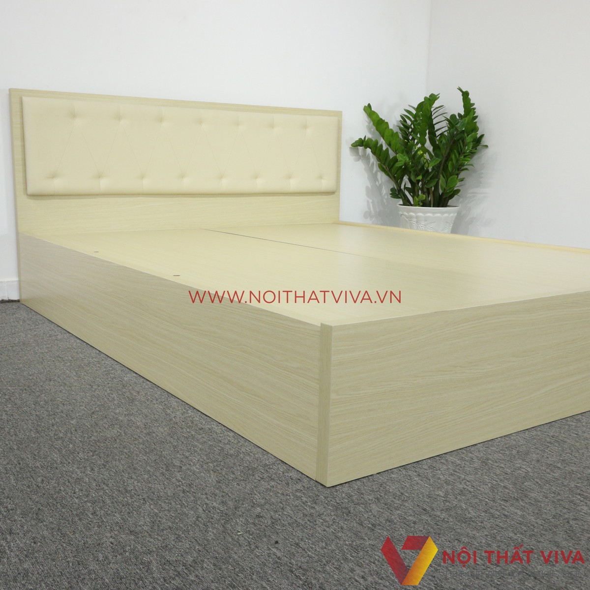 Giường Ngủ Gỗ Mdf Phủ Melamine Bọc Nệm Hiện Đại Màu Kem