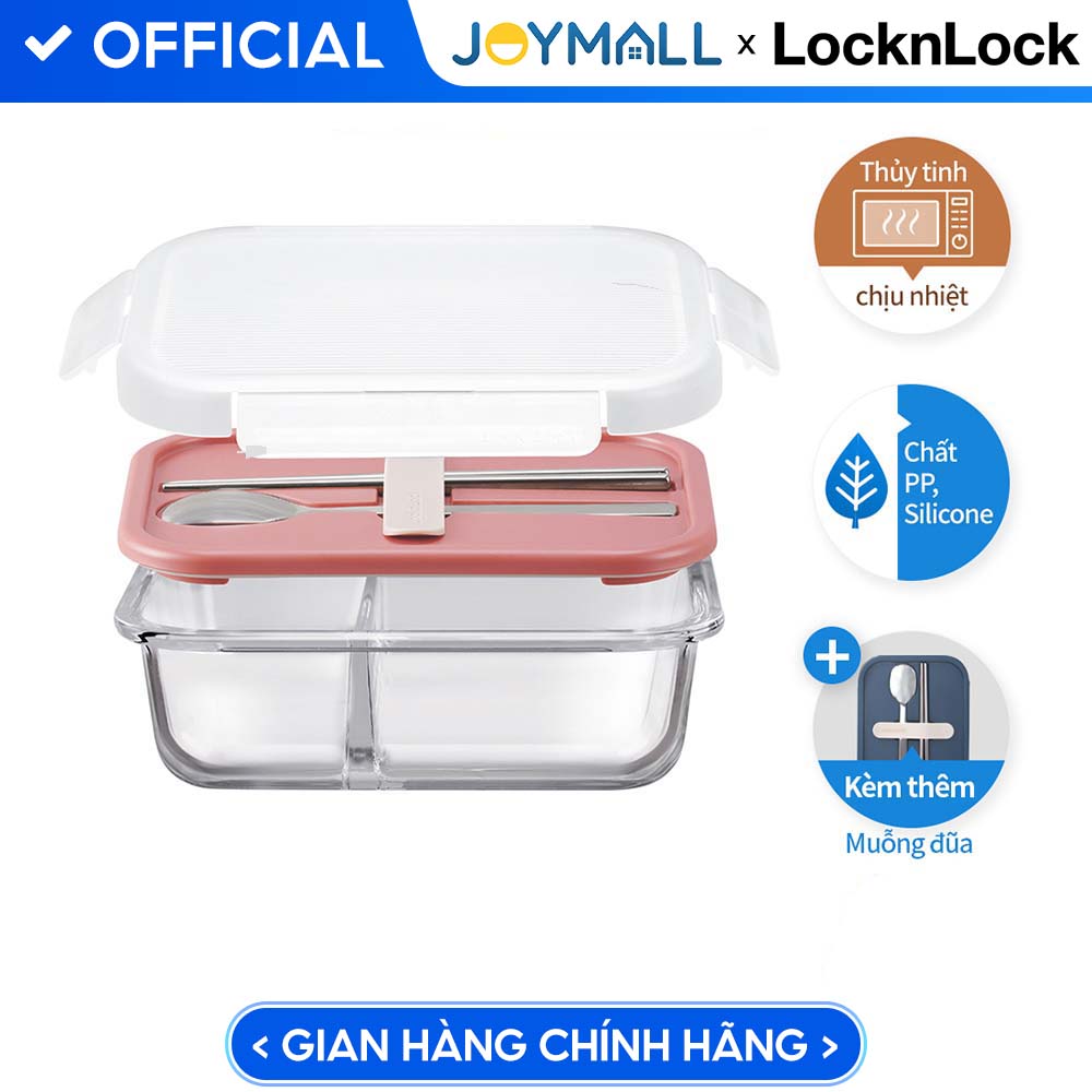 Hộp cơm thủy tinh Lock&amp;Lock chia ngăn kèm muỗng đũa 930ml màu hồng LLG991CLPIK - Hàng chính hãng, dùng được lò vi sóng - JoyMall