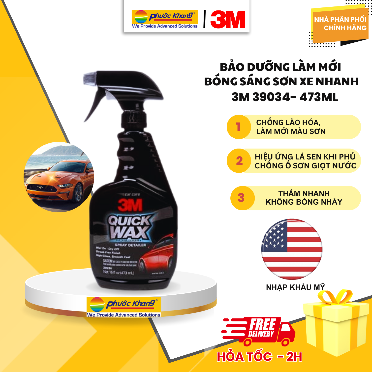 [ Tặng khăn cao cấp 3M] Chai xịt phủ dưỡng làm sạch và tạo bóng nhanh cho bề mặt sơn ôtô  xe ô tô và xe máy  3M 39034 -  473ml  NK Mỹ