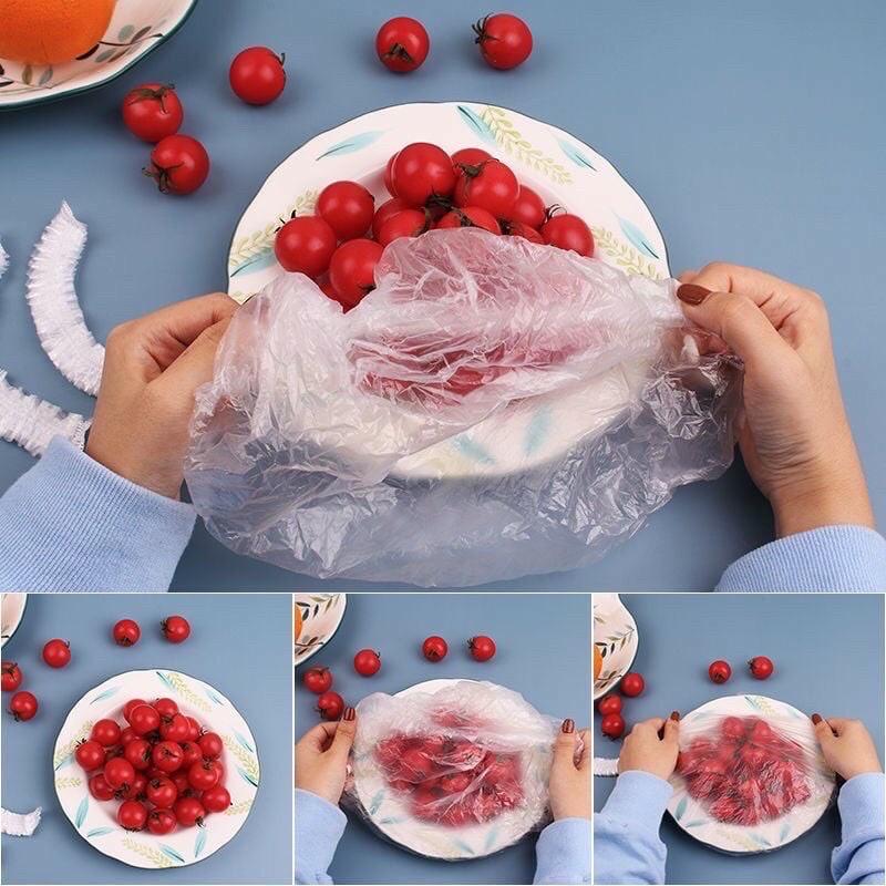 Gói 100c Màng Bọc Thực Phẩm Có Chun Co Dãn Tái Sử Dụng Kèm Túi Gấu