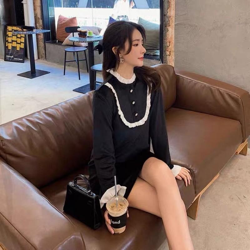Đầm nhung dài tay viền bèo cúc ngọc hàng xuất