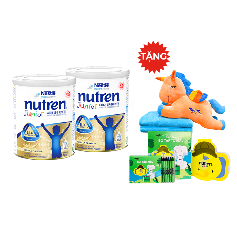 Combo 2 lon sản phẩm dinh dưỡng y học Nutren Junior cho trẻ từ 1-12 tuổi 850g tăng trưởng 3 chuẩn: Thế chất, Đề kháng, Tư duy - Tặng bộ gối mền Pony và bộ tập tô màu