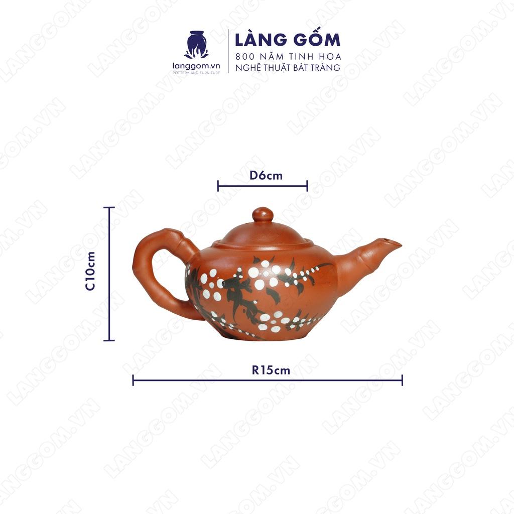 Bộ ấm chén đất nung Hoa đào + khay tròn - Men mộc - Gốm sứ Bát Tràng - langgom.vn