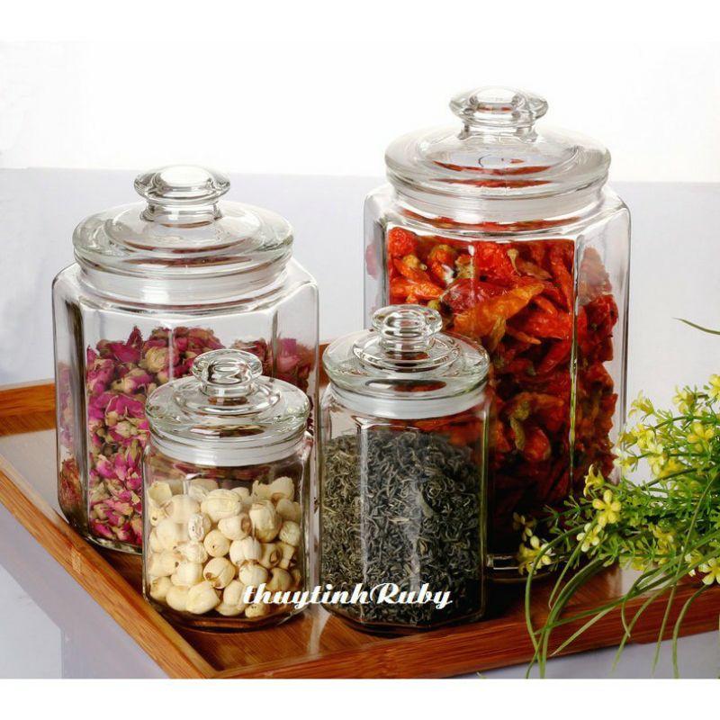 Hũ Lọ Thủy Tinh Đựng Gia Vị Lục Giác 3 lít Có Gioăng Chống Thoát Khí