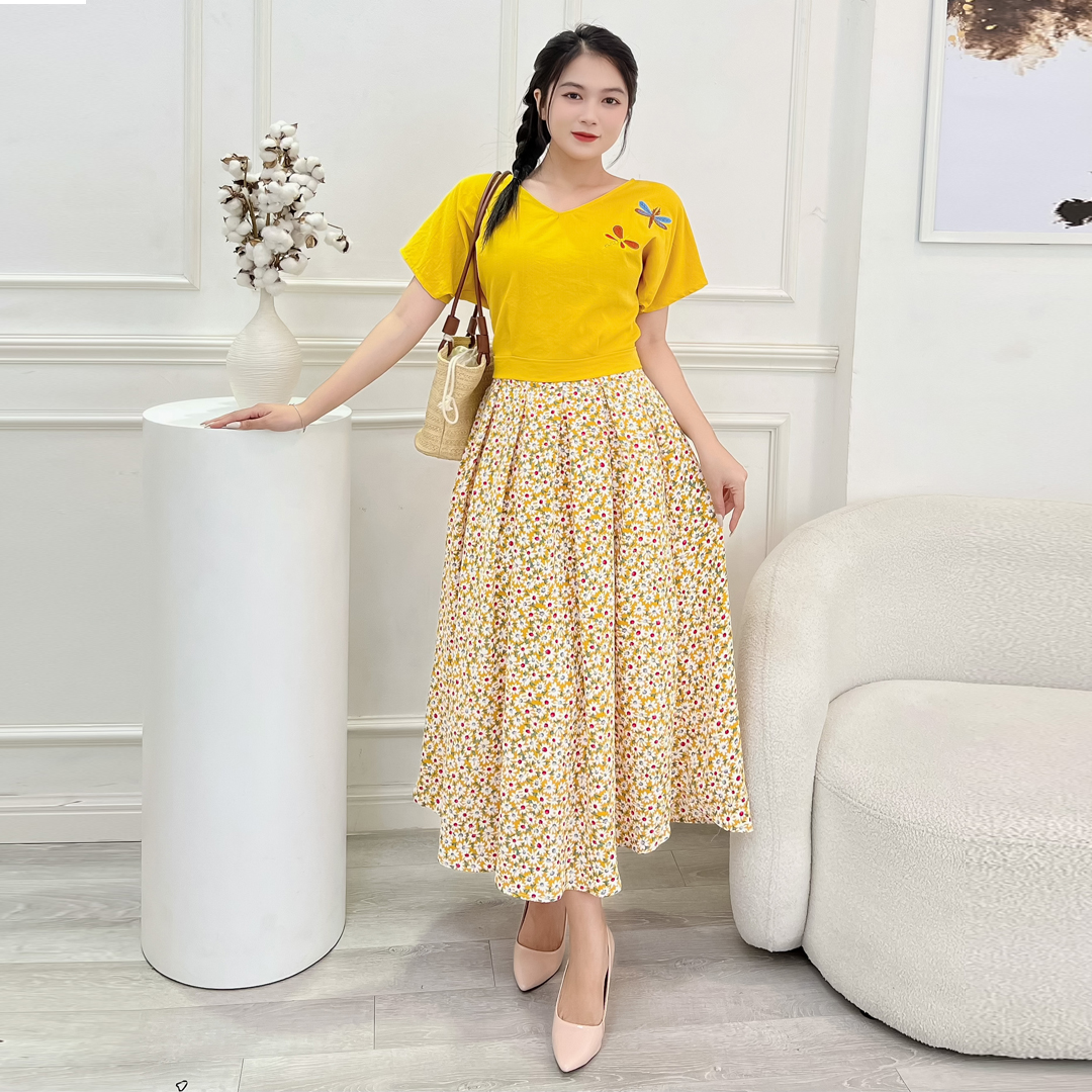 [HCM] Set chân váy xòe hoa + áo linen thêu sang trọng S05 - Lady fashion - Khánh Linh Style