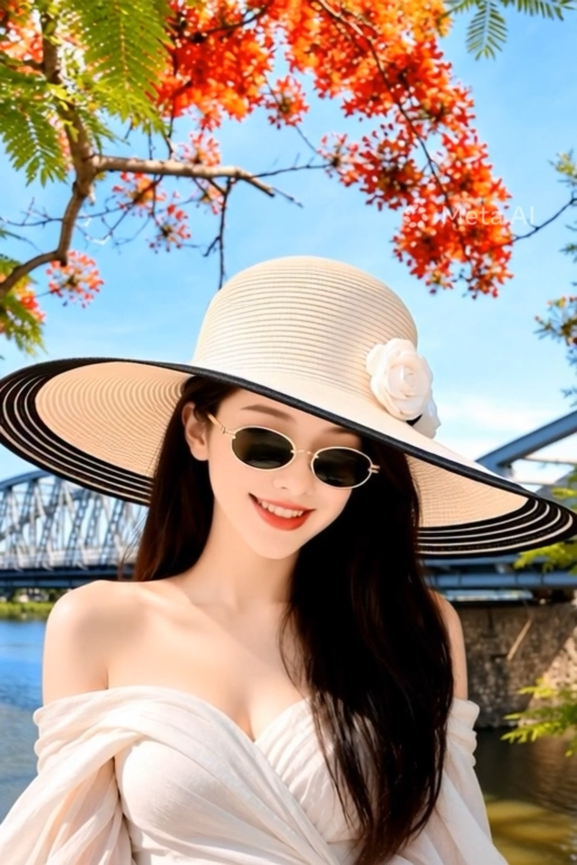 Mũ đi biển cho nữ phối hoa viền sọc, nón nữ vành rộng du lịch dã ngoại chống nắng chụp hình xinh thời trang Korea dona230626