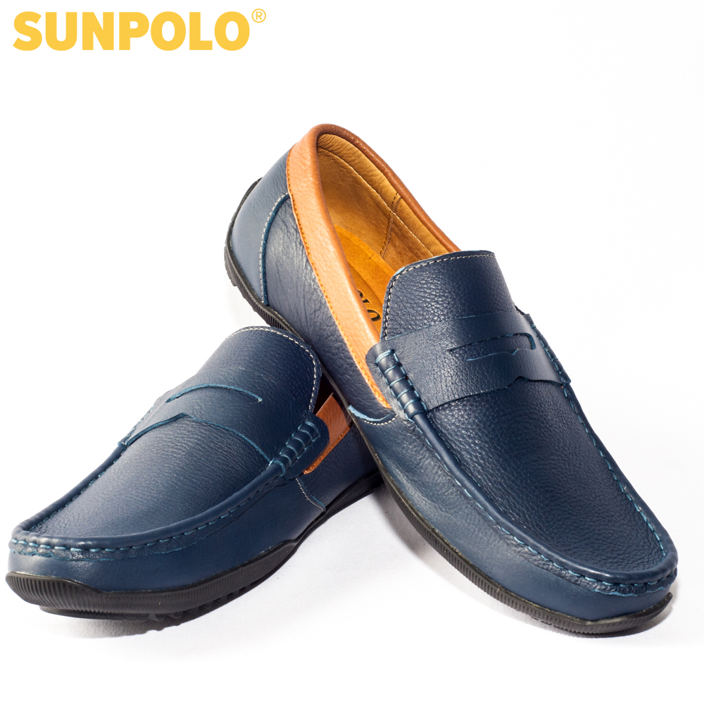 Giày lười nam da bò đế cao su nhẹ may khâu bền bỉ SUNPOLO MU2588 - Xanh Navy