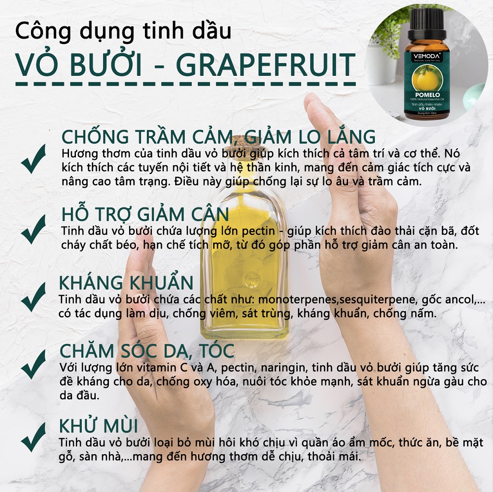 Tinh dầu Xông phòng gồm Combo 3 lọ tinh dầu cao cấp: tinh dầu Vỏ bưởi MG + tinh dầu Vỏ quế + tinh dầu Cam tươi Vemoda