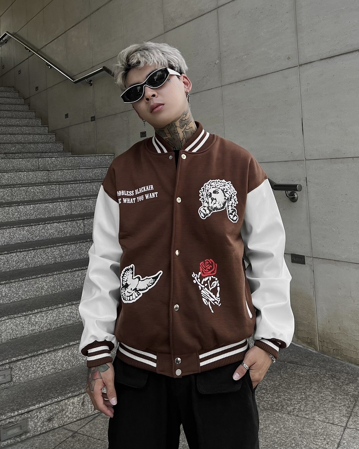 Varsity jacket chữ thập Black made extreme nam nữ 2 lớp , áo khoác bóng chày form rộng unisex , bomber tay da pu - Gin Store