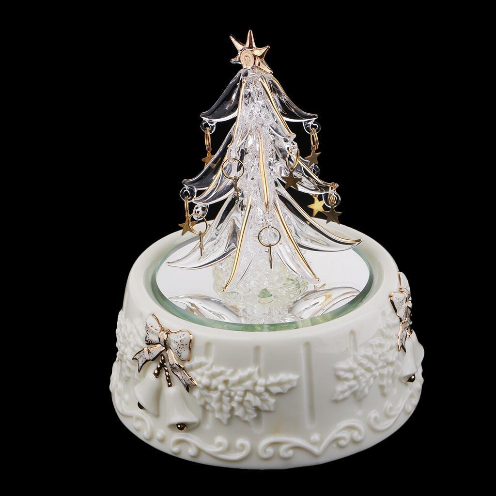 Christmas Tree Wind Up Rotate Music Box Spun Glass Art Crafts for Collection